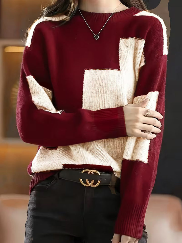 Marvelle - Color Block Crew Neck Long Sleeve Sweater