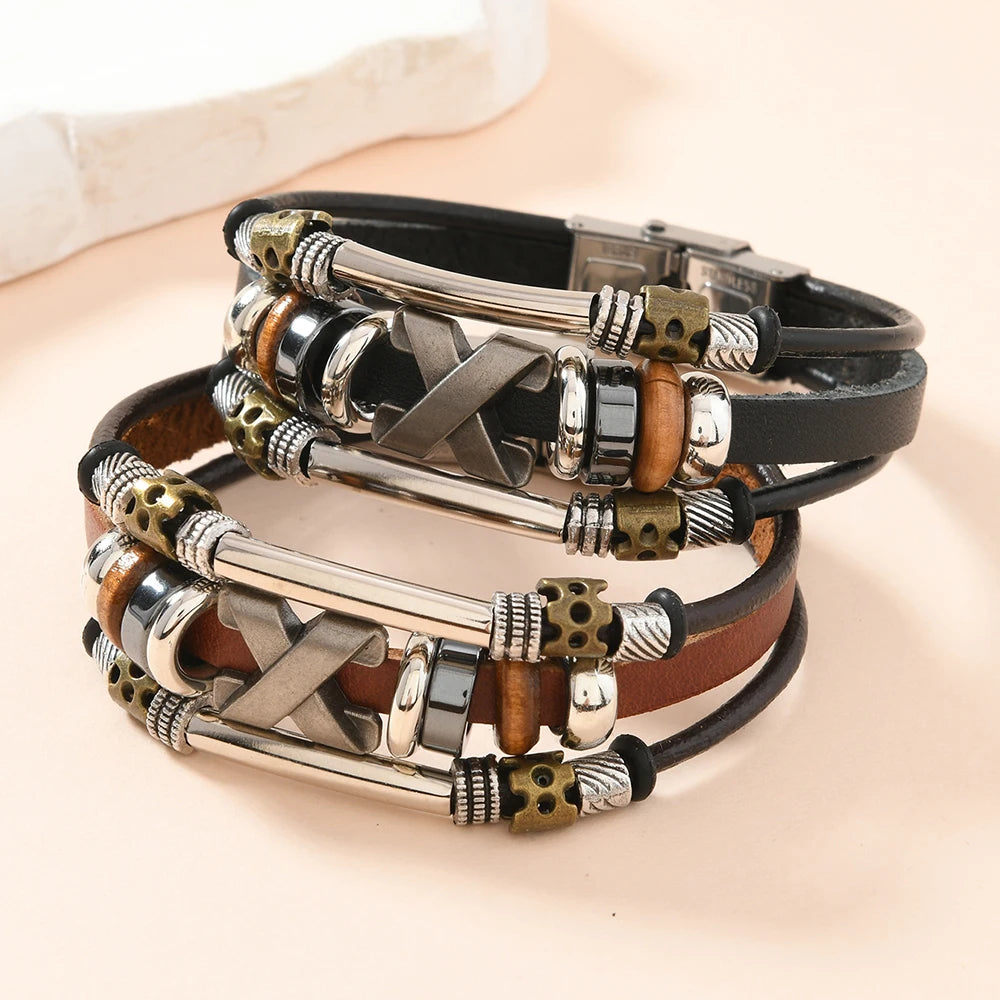 Garland - Multi-Layer Cross Leather Cuff Bracelet