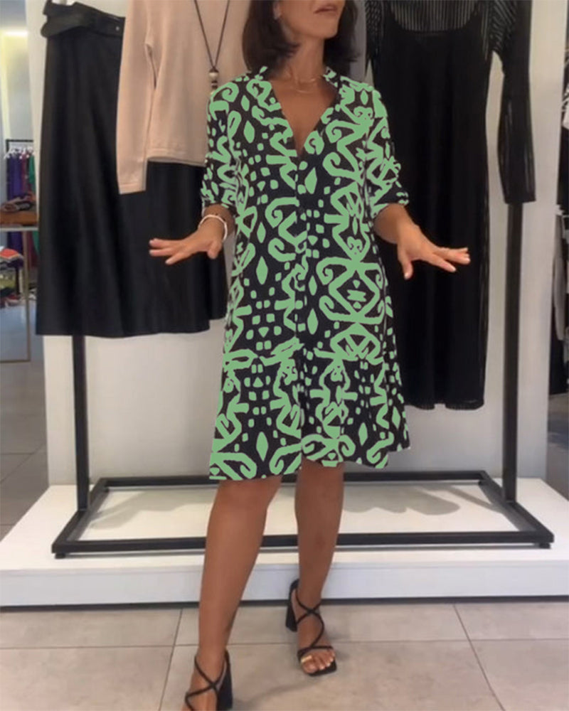 Ejileena - Elegant Printed V-Neck Dress