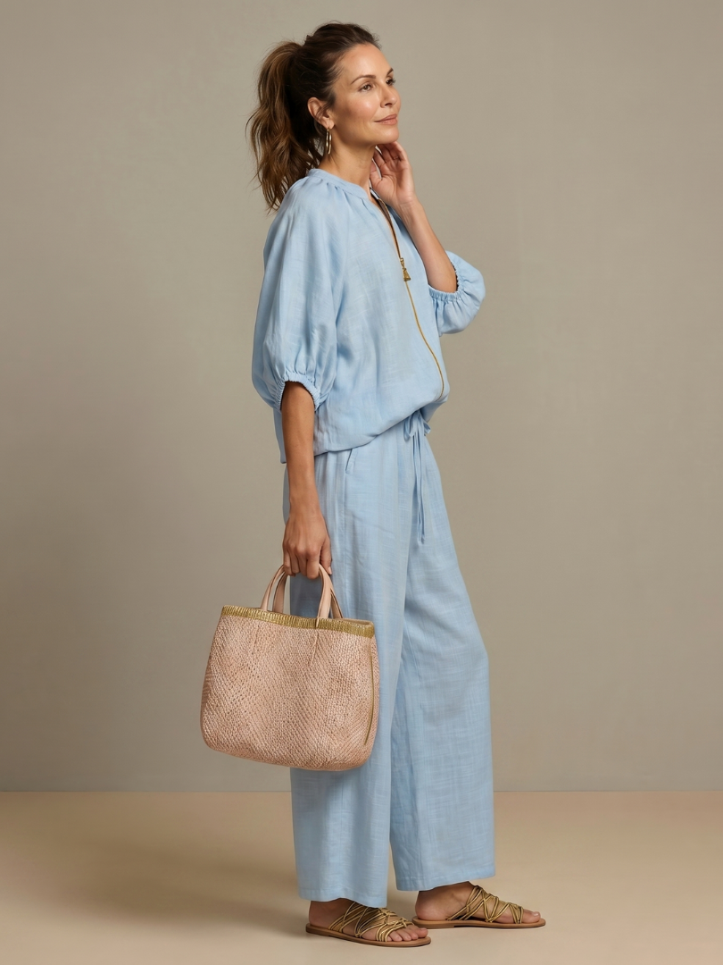 Sharina - Zip-up Blouse And Wide-Leg Pant Set