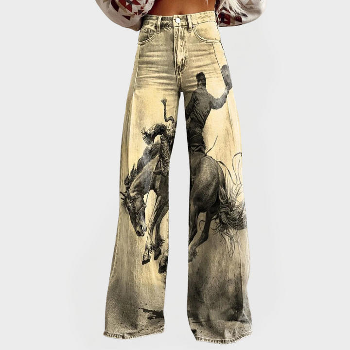 Lottie - Western Print Wide Leg Denim Jeans