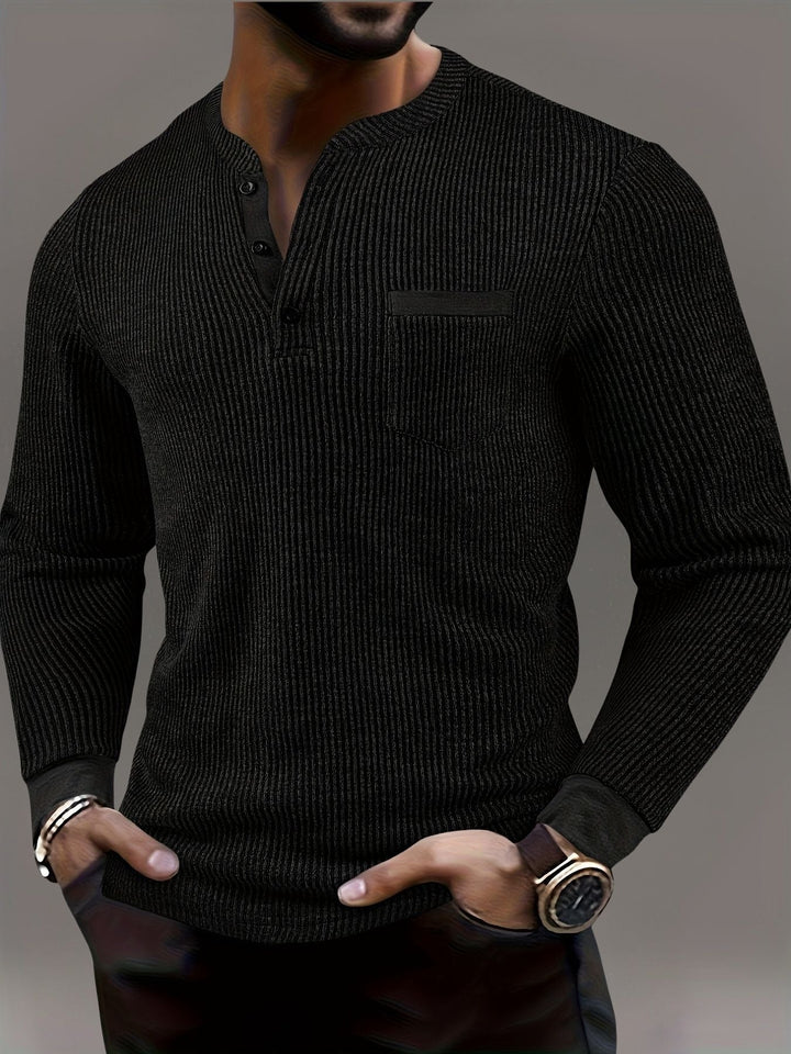 Lorcmir - Textured Striped Collar Long Sleeve Henley Shirt