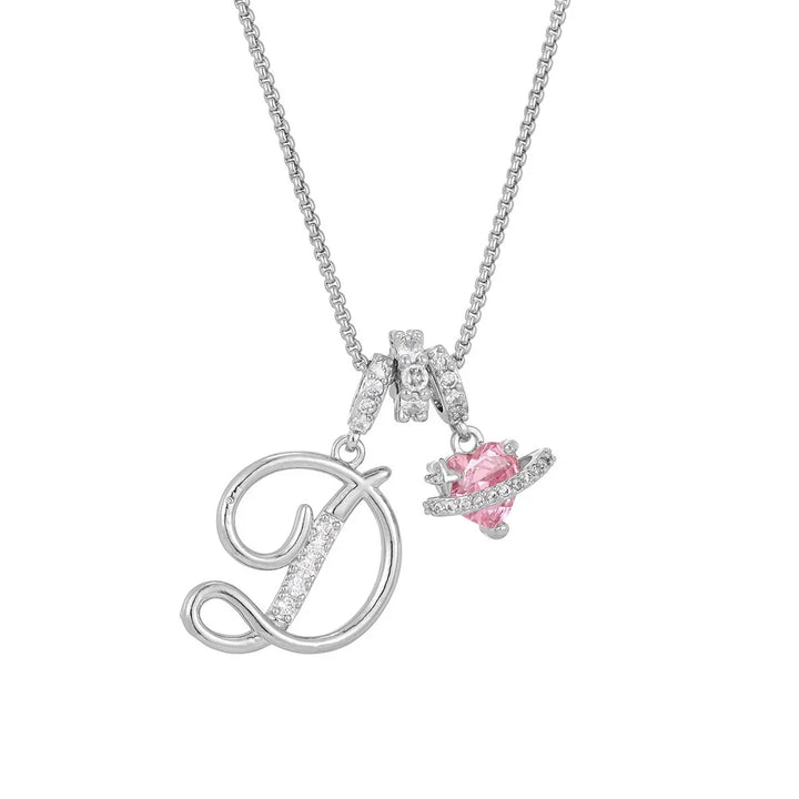 Nerute - Initial Letter Necklace With Pink Heart Charm