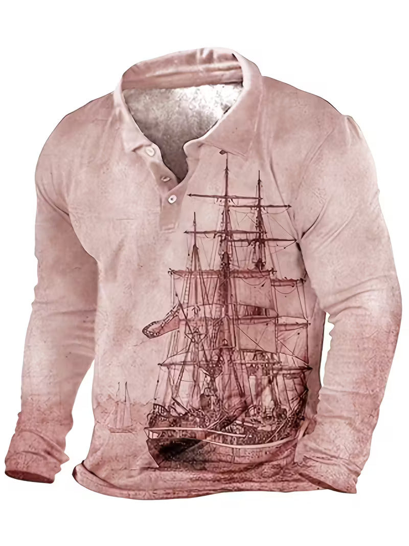 Giles - Stylish 3D Sailboat Print Lapel Shirt