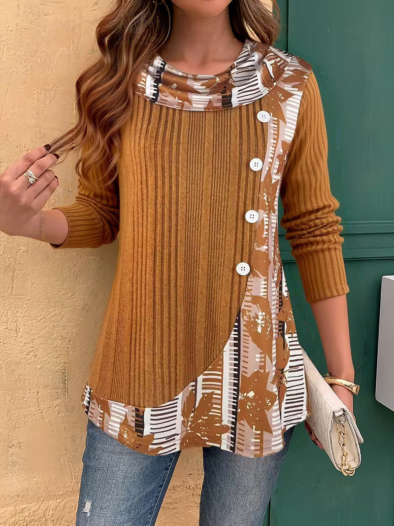 Florilitha - Ribbed Long Sleeve Printed Button Detail Top