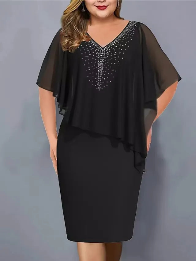 Novelia - Rhinestone-Embellished Chiffon V-Neck Dress