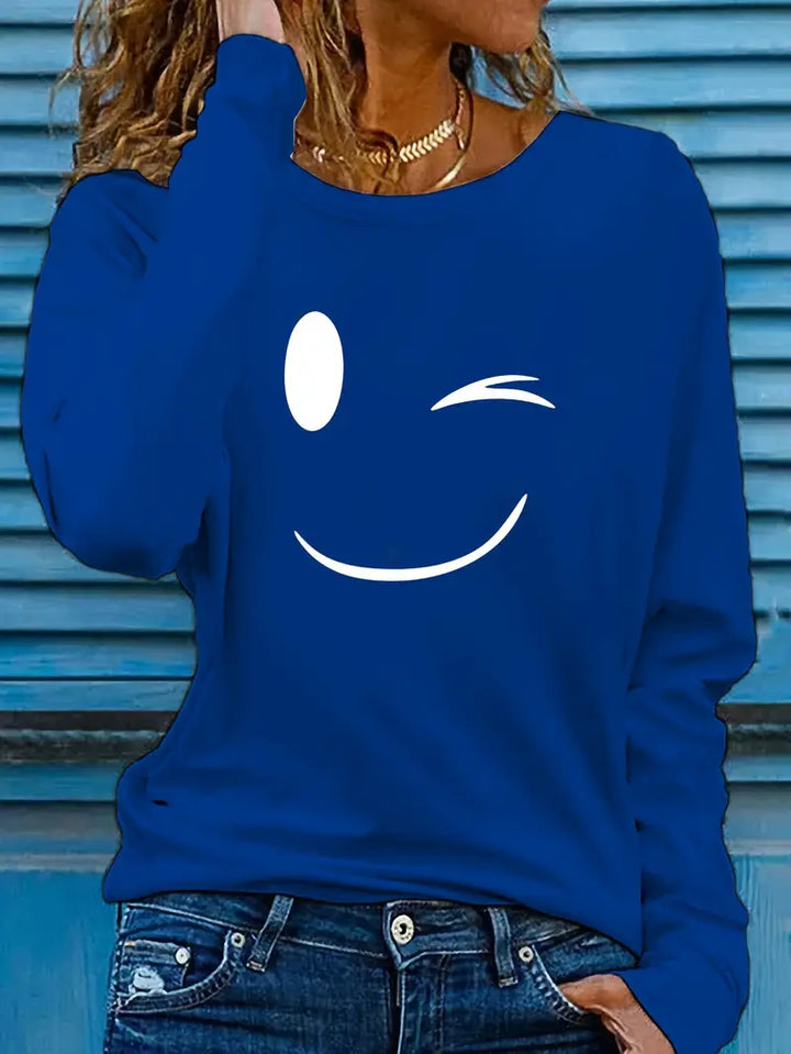 Odalina - Casual Smiley Wink Printed T-Shirt