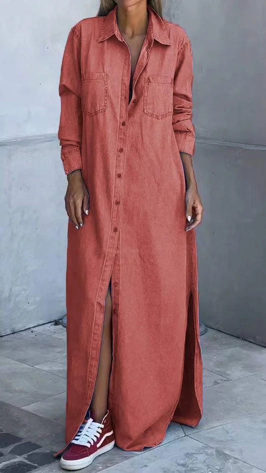 Vallina - Denim Long Sleeves Dress With Lapel
