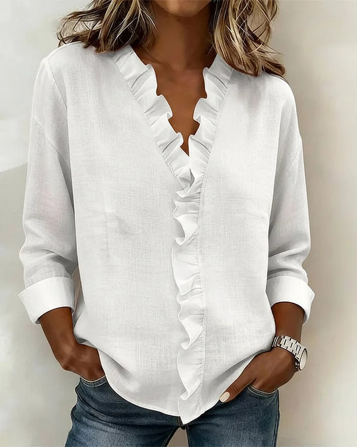 Pabasari - Stylish V-neck Blouse With Delicate Ruffles