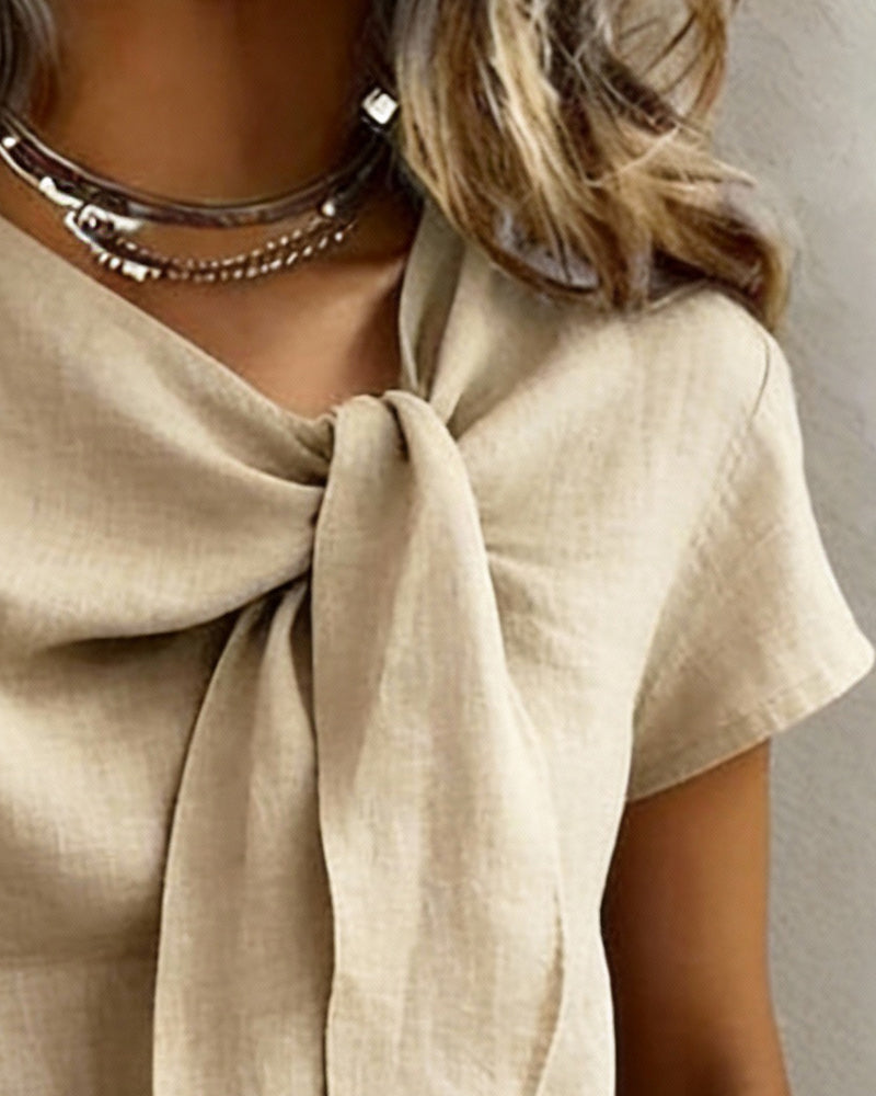 Nylisa - Tie Neck And Bow Knot Linen Blouse
