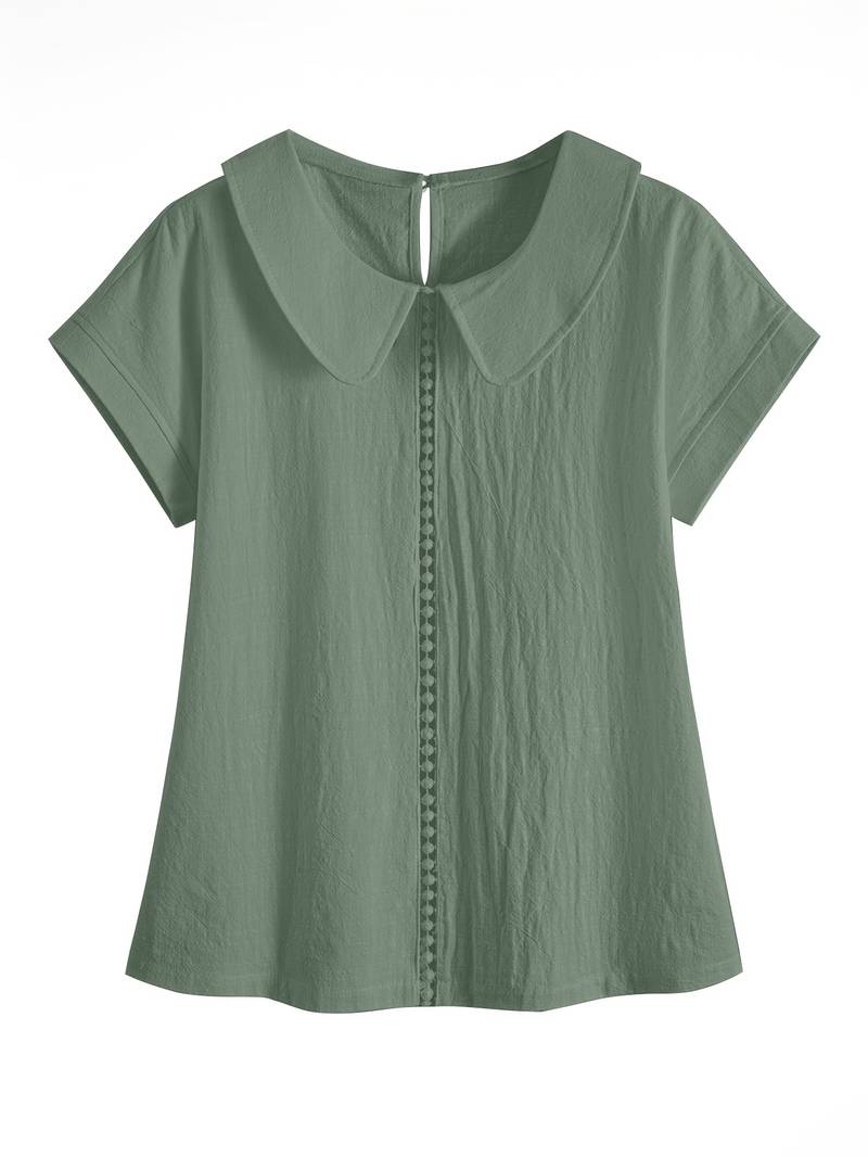 Krischelle - Lapel Lace Splicing Short Sleeve Sweater
