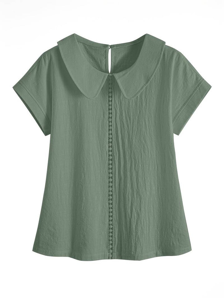Krischelle - Lapel Lace Splicing Short Sleeve Sweater