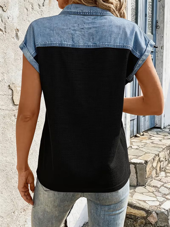 Haily - Casual Denim Patchwork Collar Top With Short Sleeve
