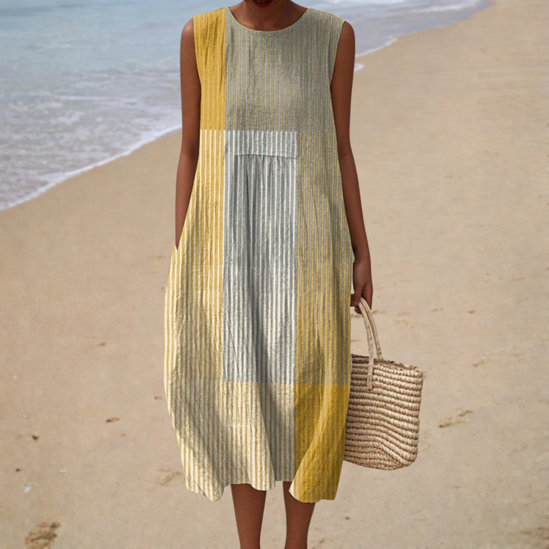 Suzeena - Sleeveless Striped Patchwork Midi Dress