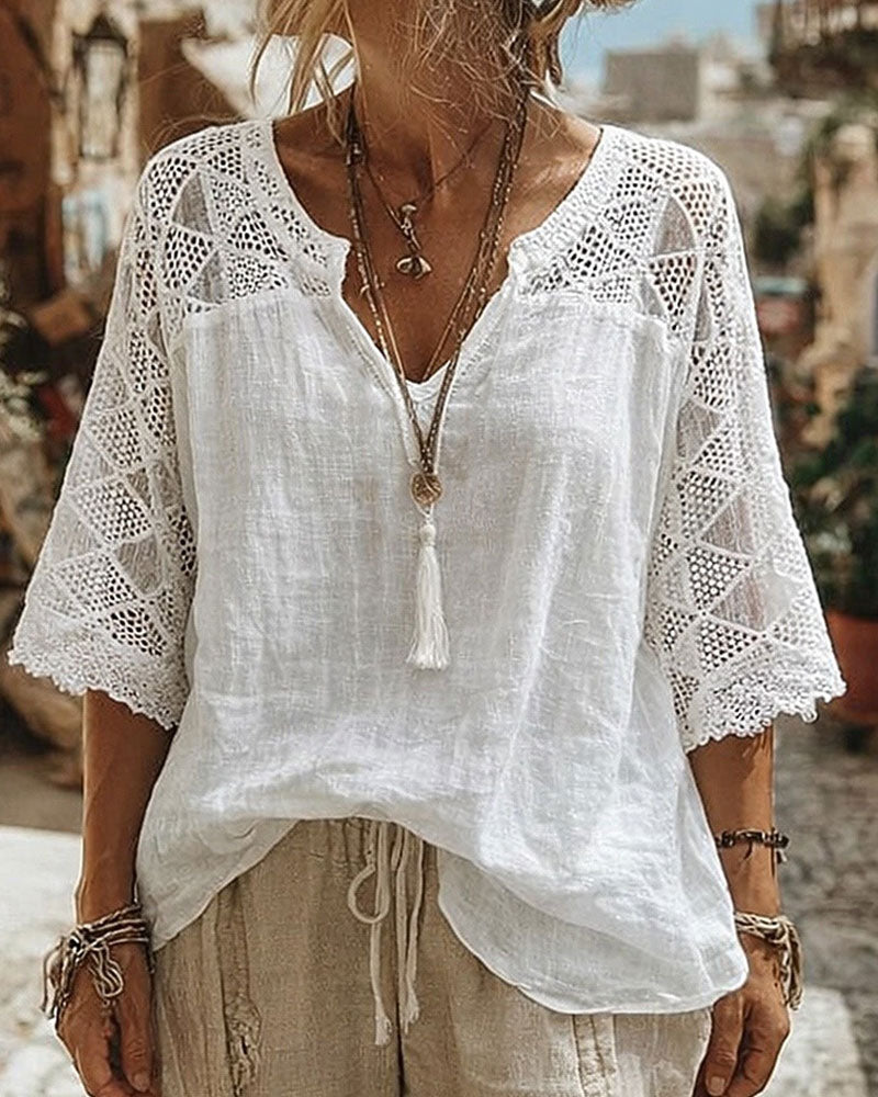 Essien - Lace Sleeve Loose Fit V-Neck Blouse