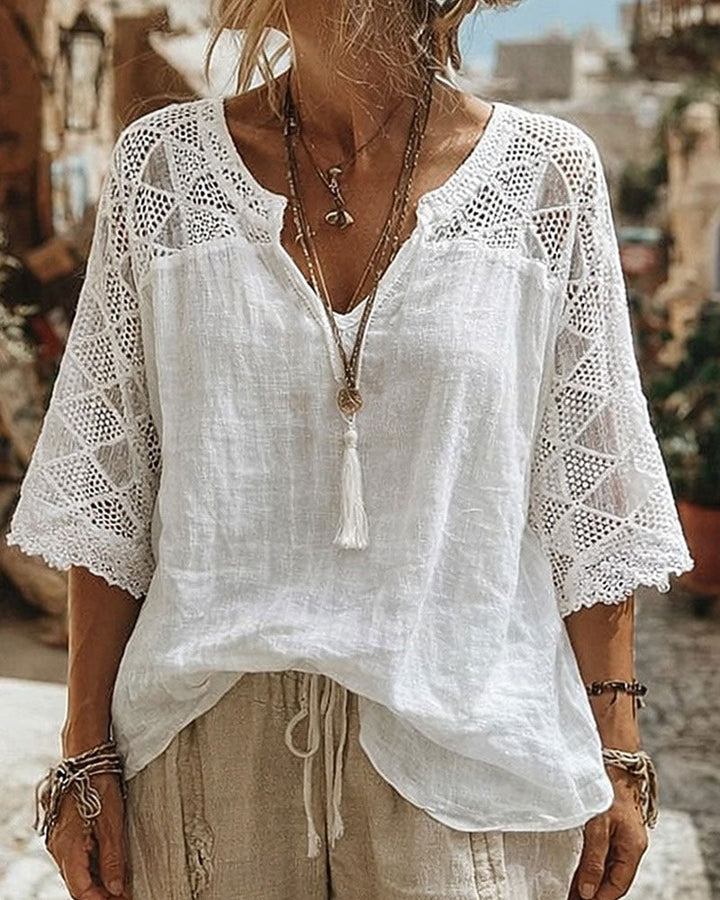 Essien - Lace Sleeve Loose Fit V-Neck Blouse