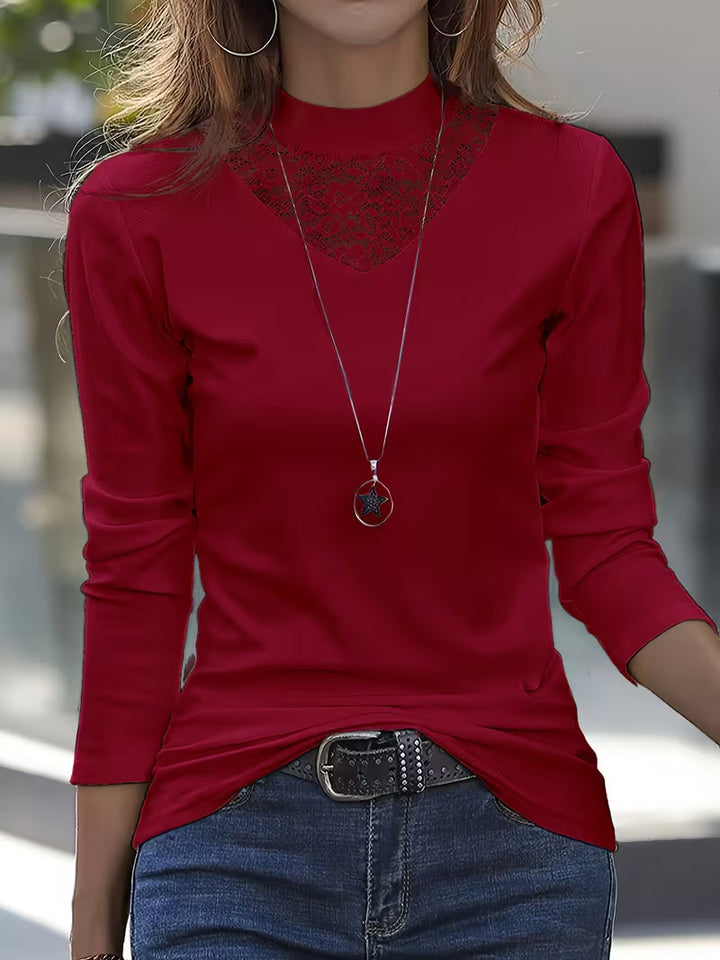 Marine - Long Sleeve Top With Lace Neckline