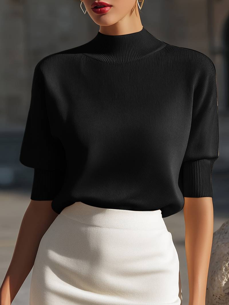 Jenni - Mock Neck Ribbed Short Sleeve Knit Top