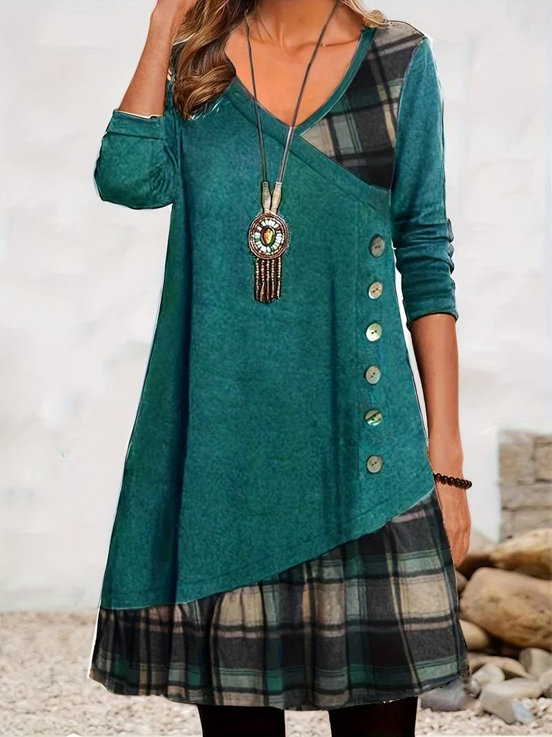 Alinor - Casual Plaid Patchwork Long Sleeve Dress