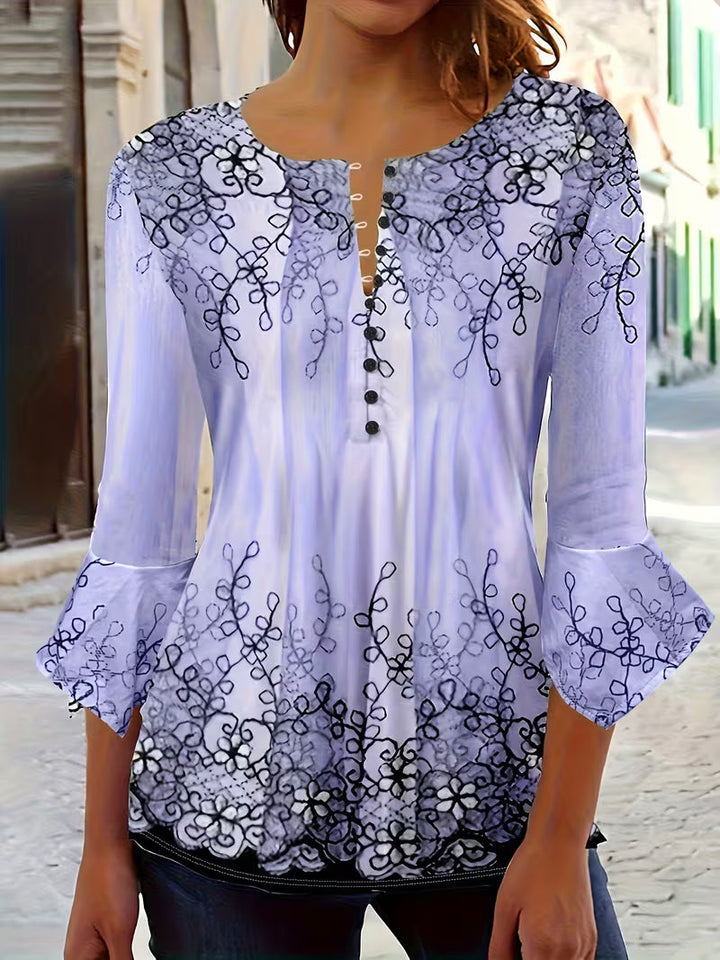 Mesley - Floral Print Ruffle Trim Half Sleeve Blouse