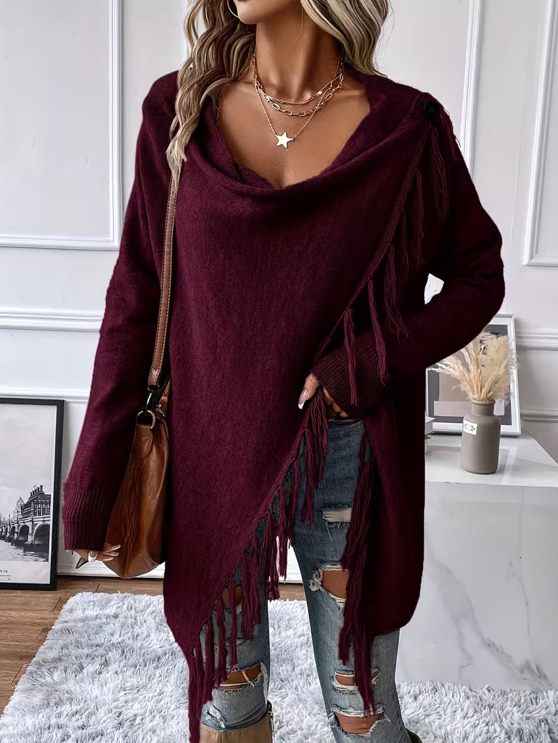 Theoaula - Draped Neck Cardigan With Fringed Trim