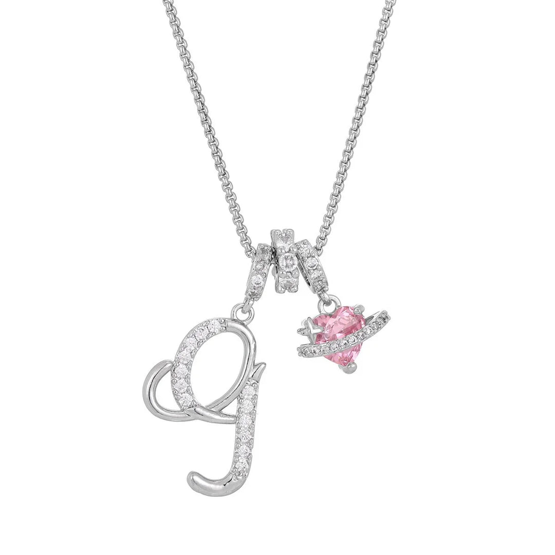 Nerute - Initial Letter Necklace With Pink Heart Charm