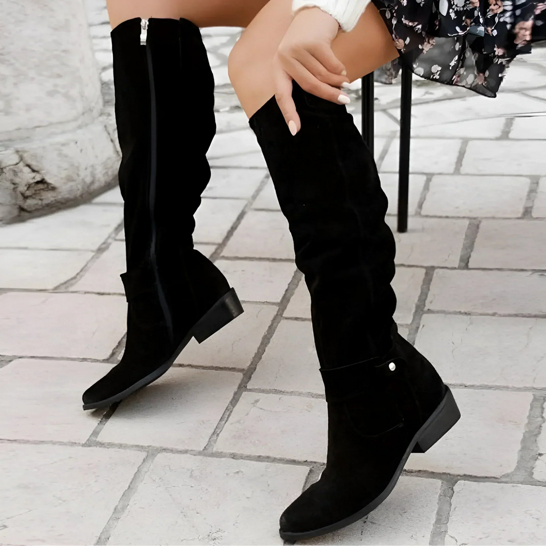 Lucrelle - Leather Knee High Boots With Side Zipper