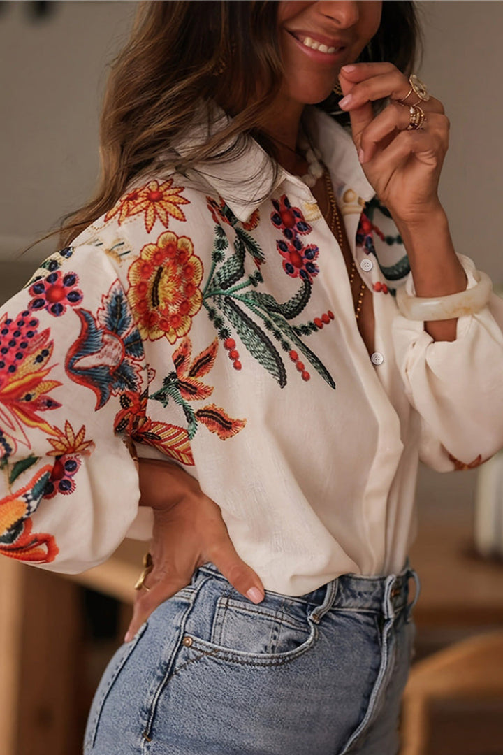 Mariluna - Casual Long Sleeve And Floral Print Shirt