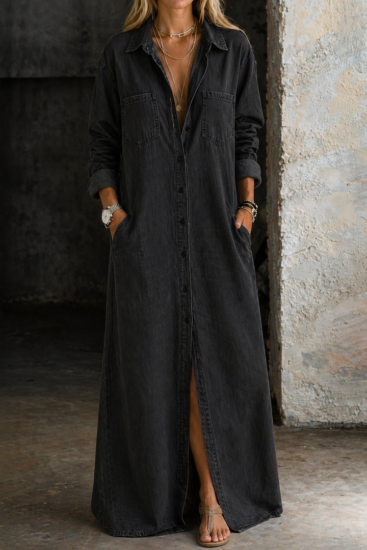 Noshina - Denim Button Front Maxi Dress