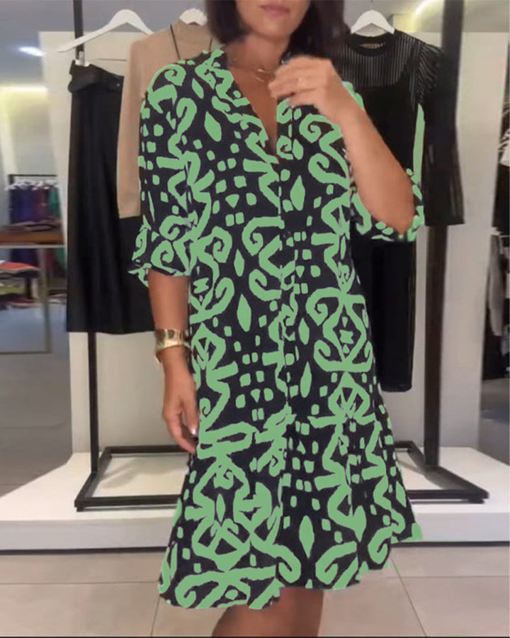 Ejileena - Elegant Printed V-Neck Dress