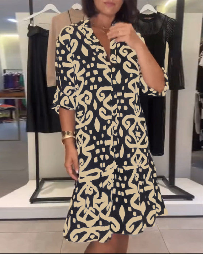 Ejileena - Elegant Printed V-Neck Dress