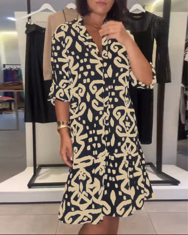 Ejileena - Elegant Printed V-Neck Dress
