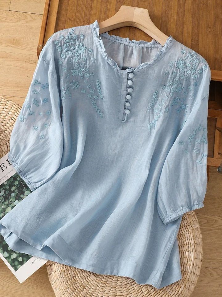 Kissina - Embroidered Cotton Linen Blouse
