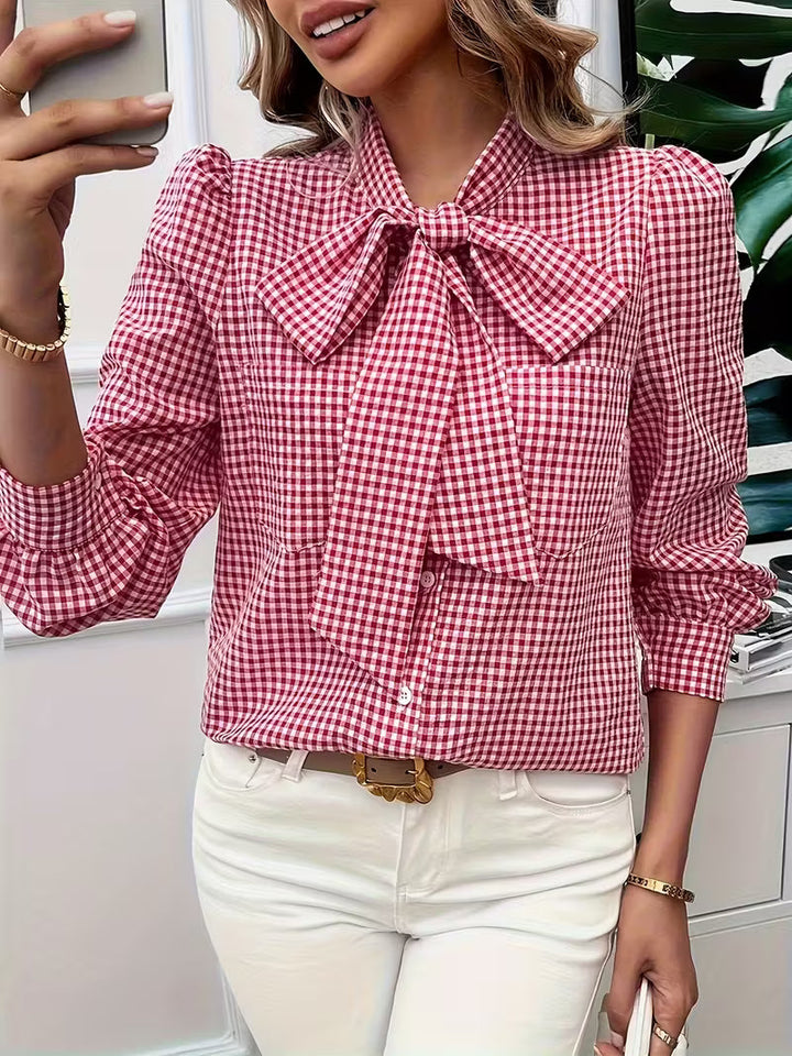Meella - Elegant Gingham Check Bow Tie Blouse
