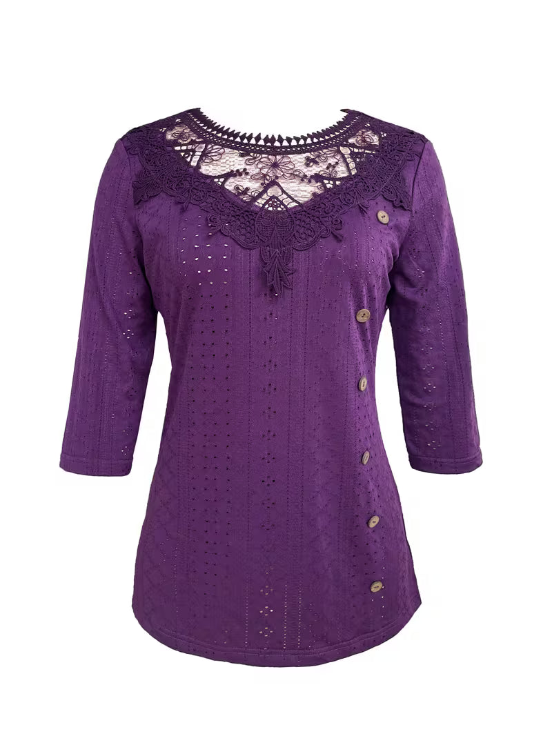 Svevelle - Contrast Lace Button Decor Top