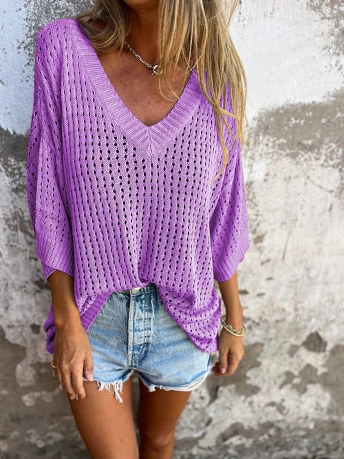 Shilana - Hollow V-Neck Knitted Top
