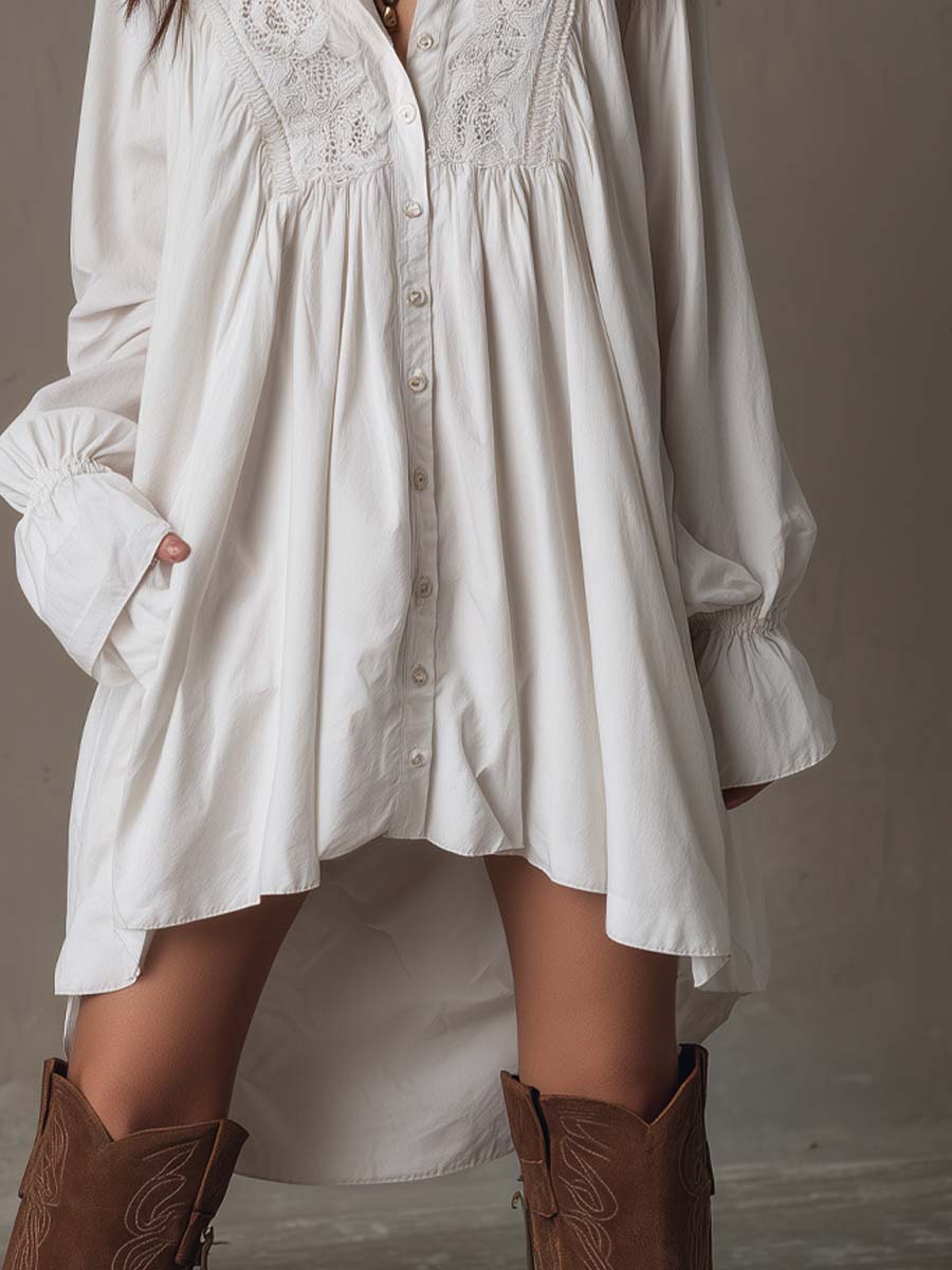 Amparo - Irregular Hem Long-sleeved Shirt Dress