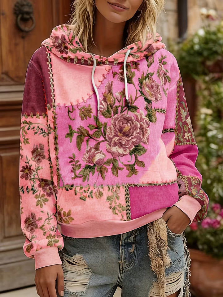 Zaneosica - Floral Patchwork Long Sleeve Hooded Top