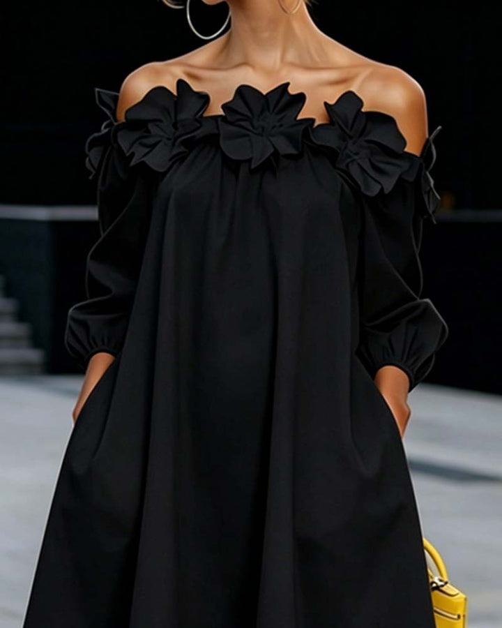 Loania - Floral Accent Off-Shoulder Dress