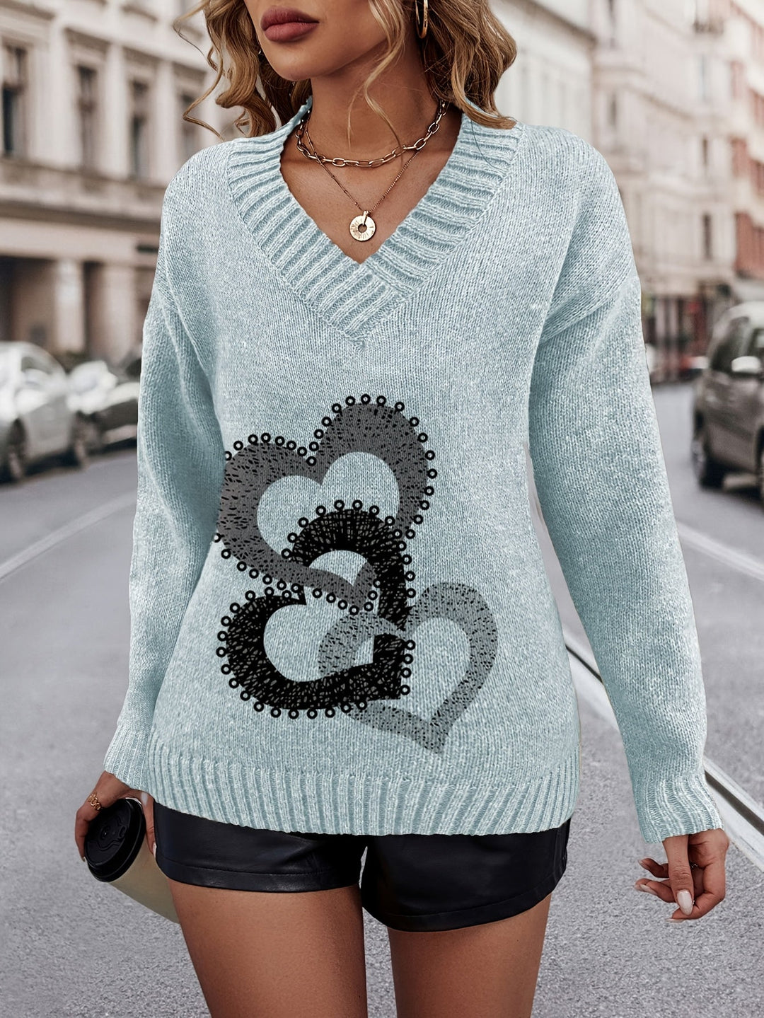 Chrystel - Heart Motif Sweater With V-Neck