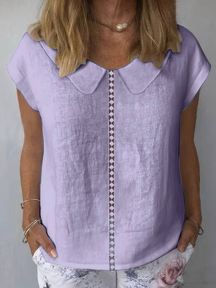 Krischelle - Lapel Lace Splicing Short Sleeve Sweater