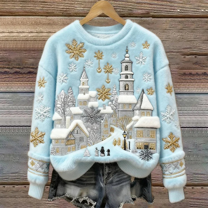 Kenisha - Christmas Snow Scene Embroidery Cozy Sweater
