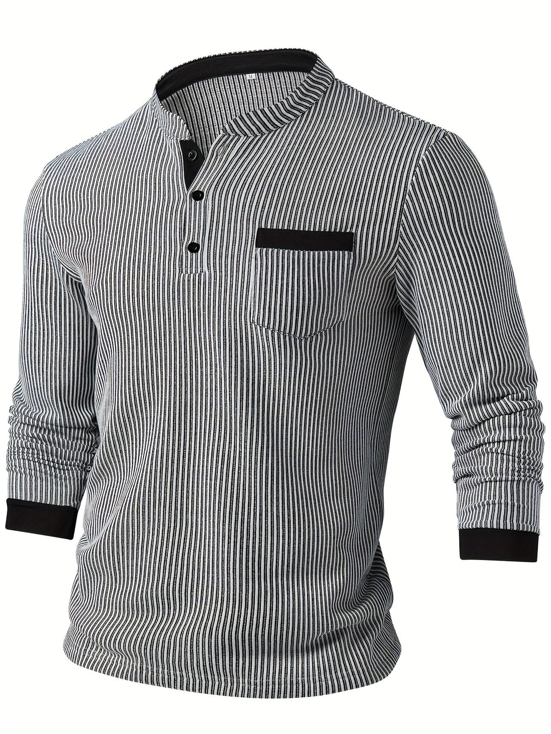 Lorcmir - Textured Striped Collar Long Sleeve Henley Shirt