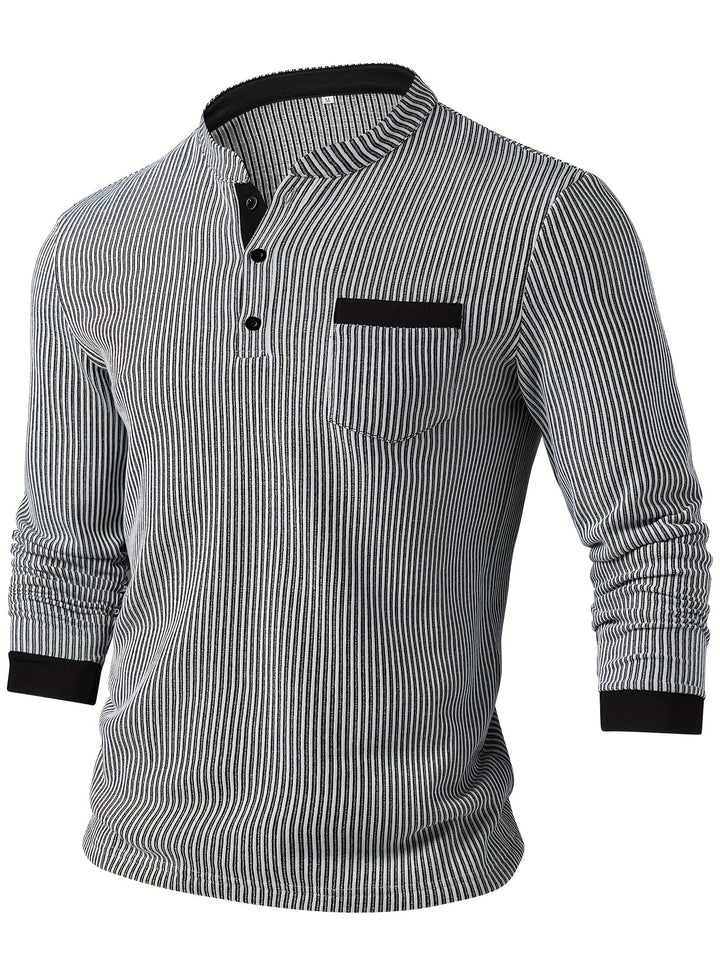 Lorcmir - Textured Striped Collar Long Sleeve Henley Shirt