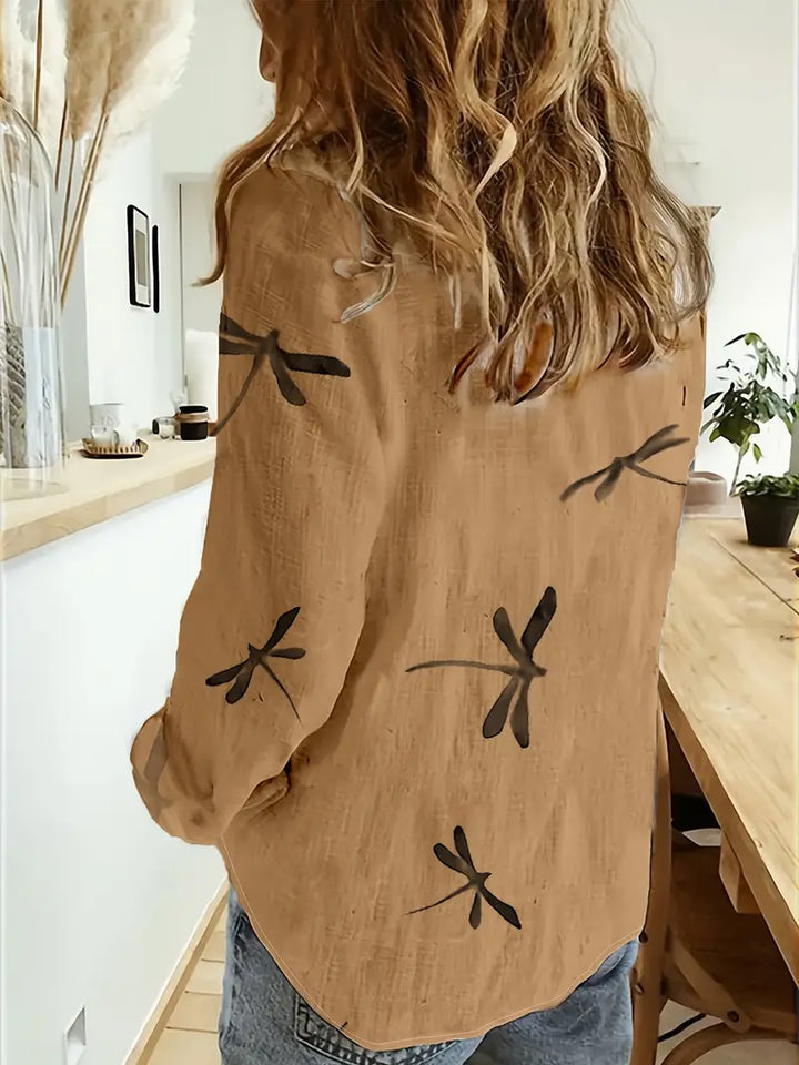 Melek - Casual Loose Fit Dragonfly Pattern Shirt
