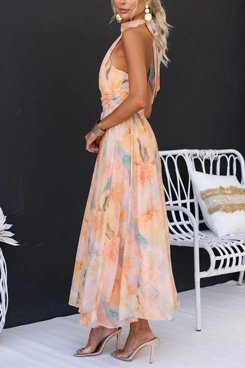 Erlinda - Watercolor Print Maxi Dress with Halter Neck and open Back