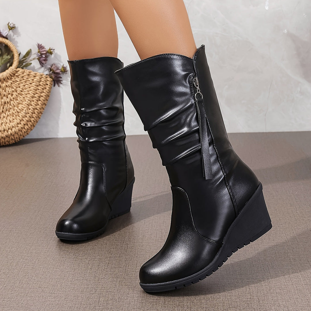 Tessitha - Mid-Calf Thick Sole Heel Ruffle Boots