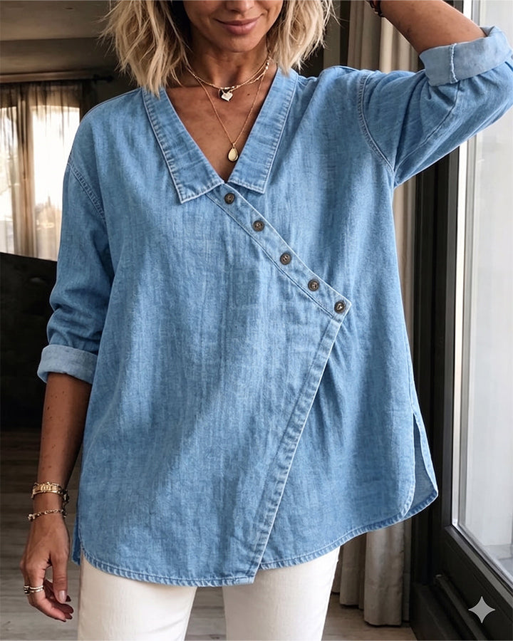 Kalisaisa - Plain Blouse With Diagonal Button Neck