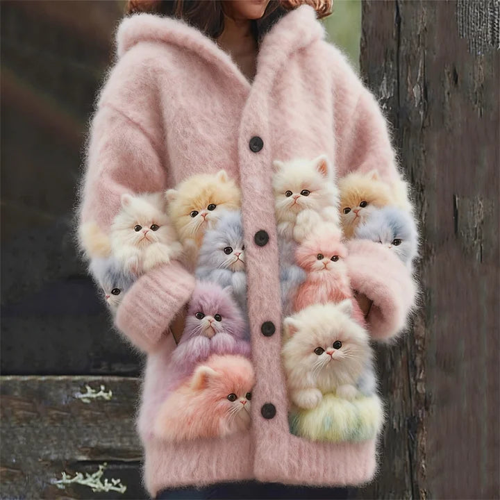 Kelsie - Fluffy Hooded Cardigan with Cats