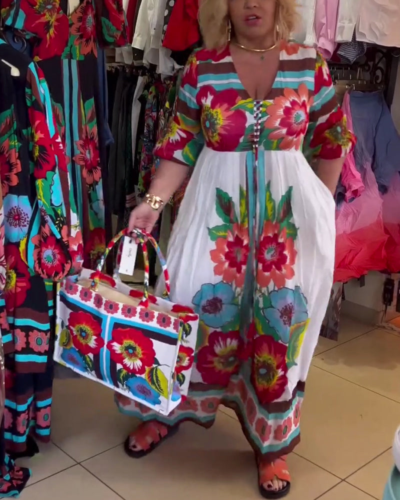 Nerijaa - Deep V-neck Floral Dress